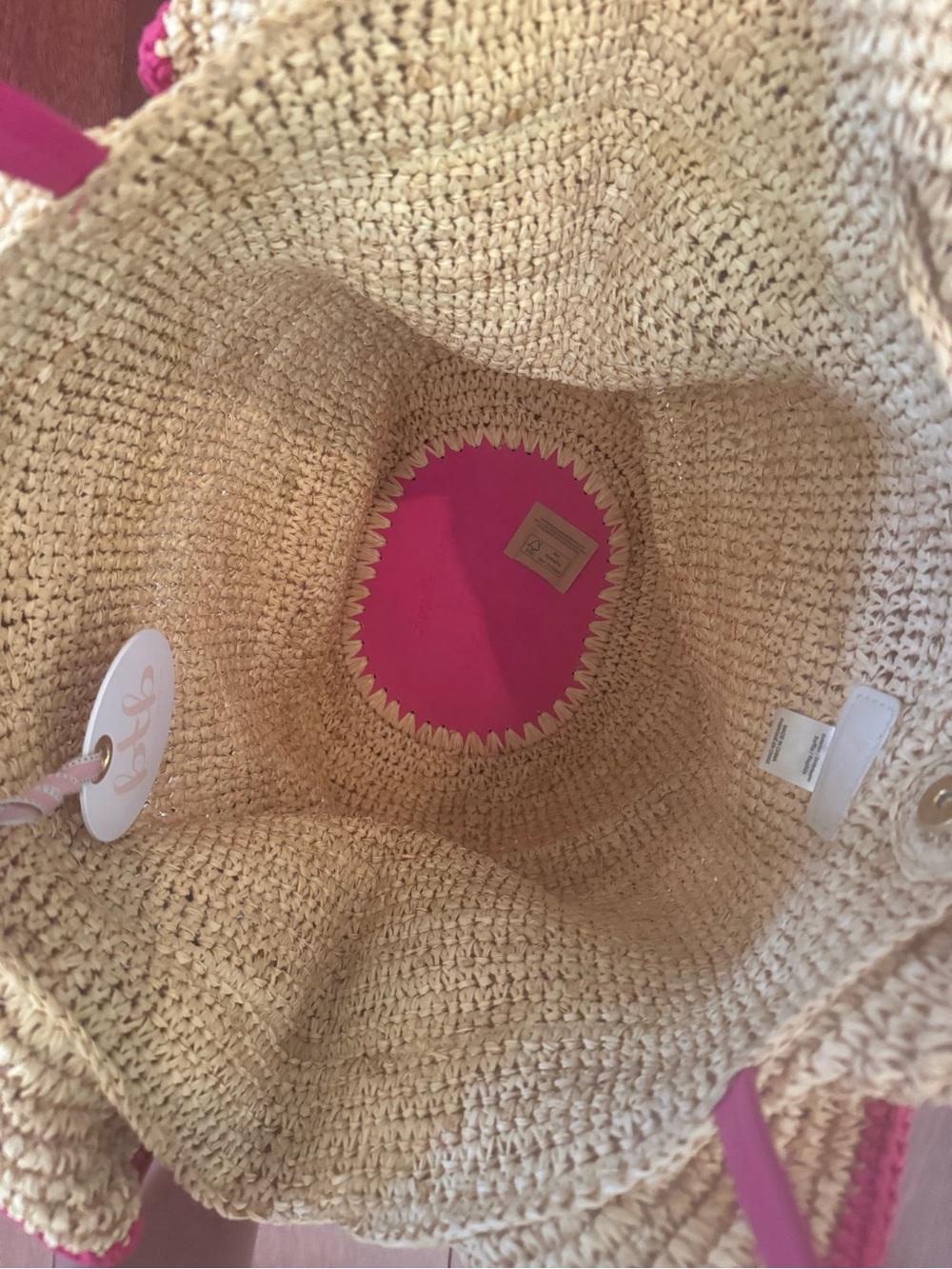 Woven Straw Tote with Pink Ruffle Trim - Picture 3 of 4